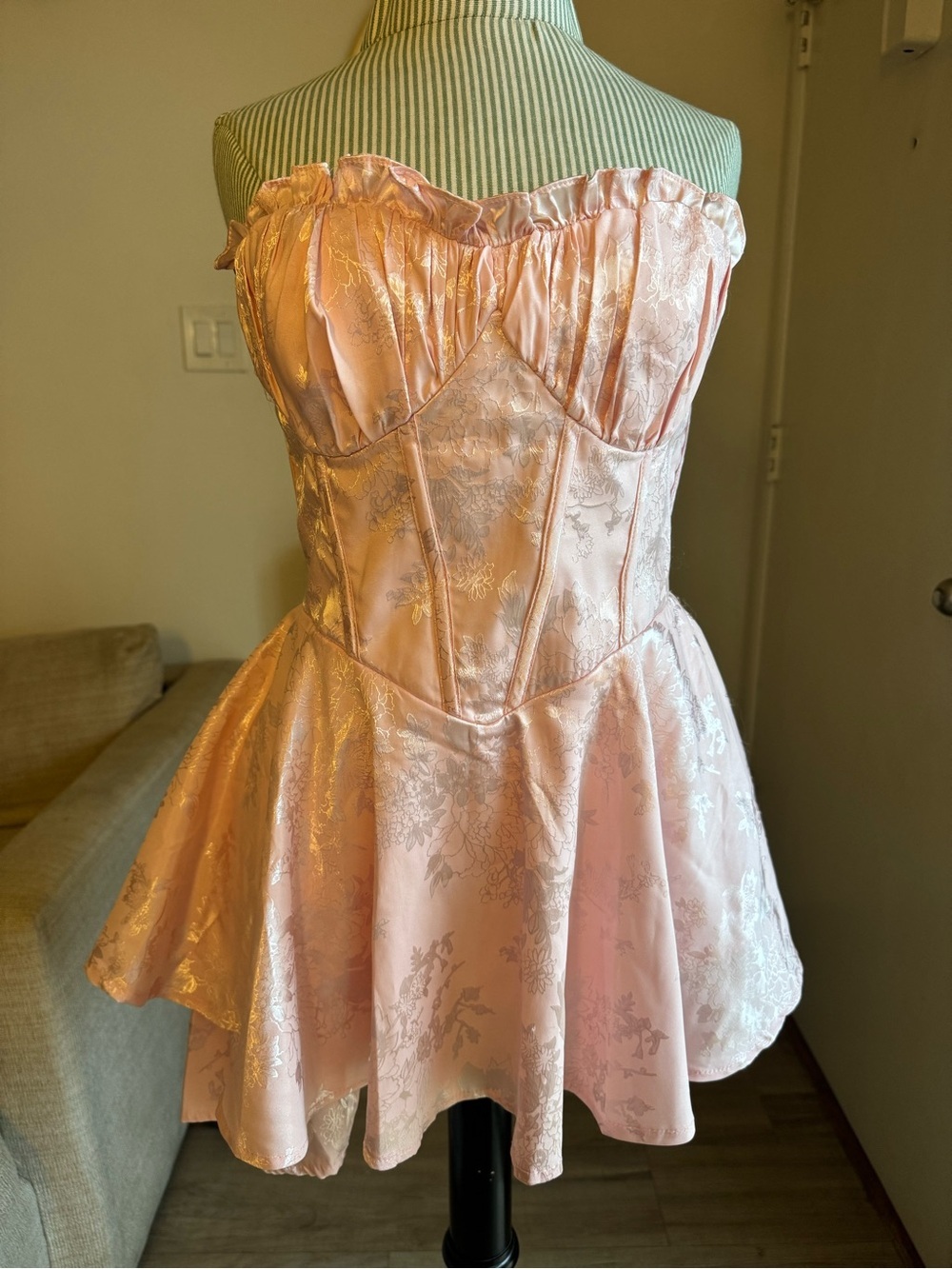 Selfie Leslie Pink Jacquard Strapless Corset Mini Dress | Size L